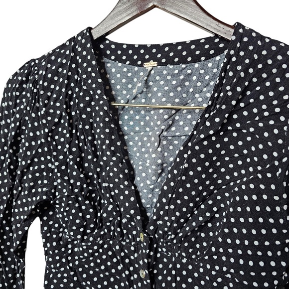 Free People Women's Black & White Polka Dot Button Up V-Neck Long Sleeve Blouse - Picture 3 of 5